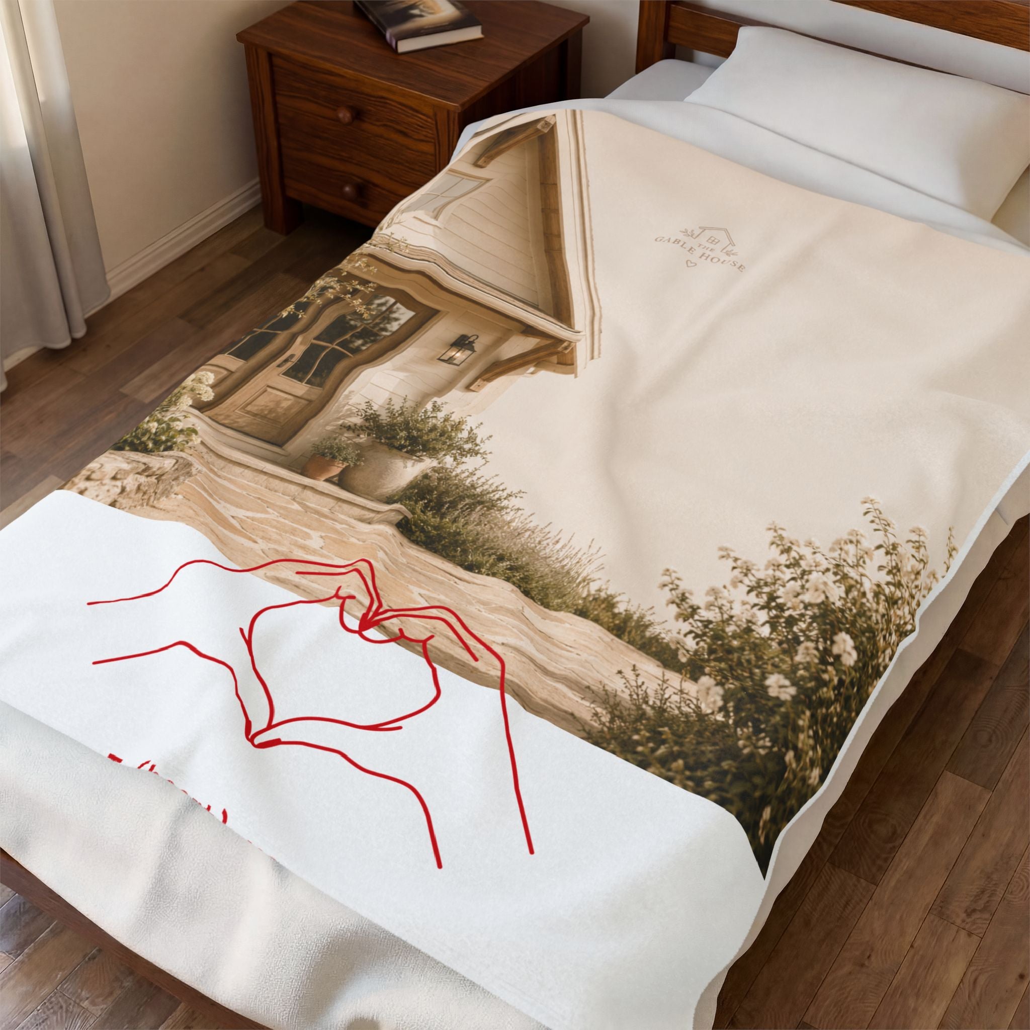 Velveteen Plush Blanket – Cozy Cottage Photo Throw with Hand-Heart Line Art