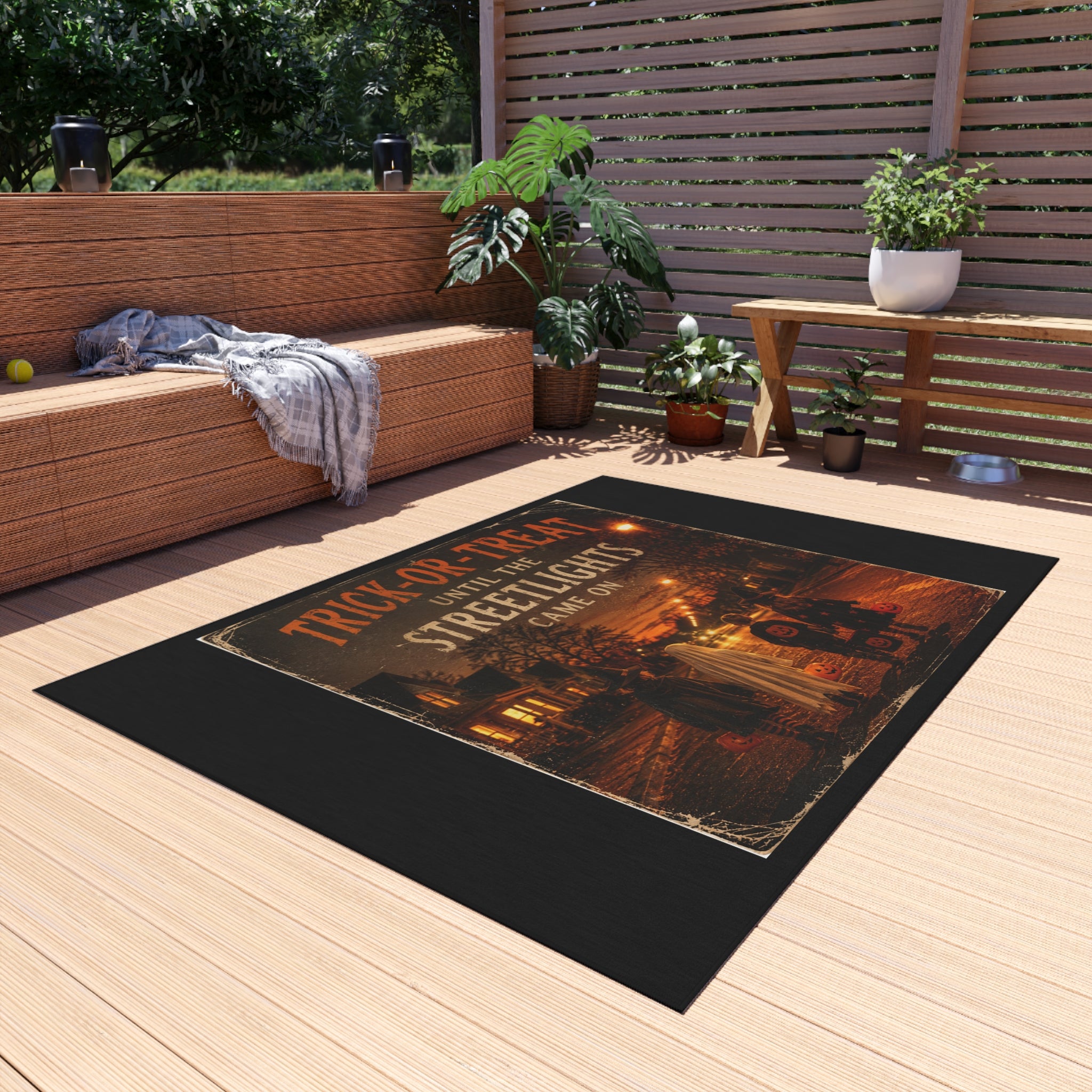 Outdoor Rug — "Trick-or-Treat Until the Streetlights Came On" Halloween Welcome Mat