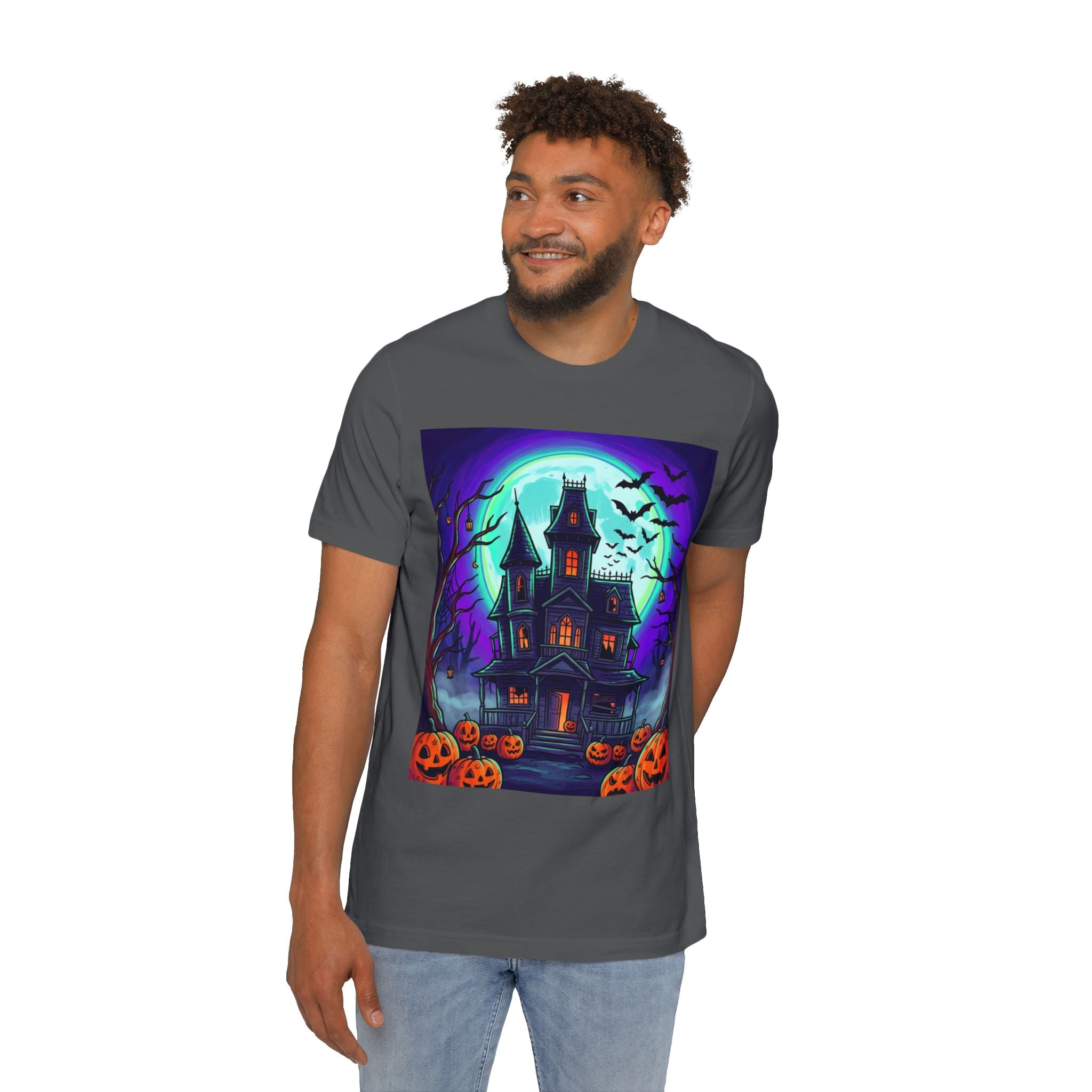 Haunted House Halloween T-Shirt — Spooky Pumpkins & Bats Graphic