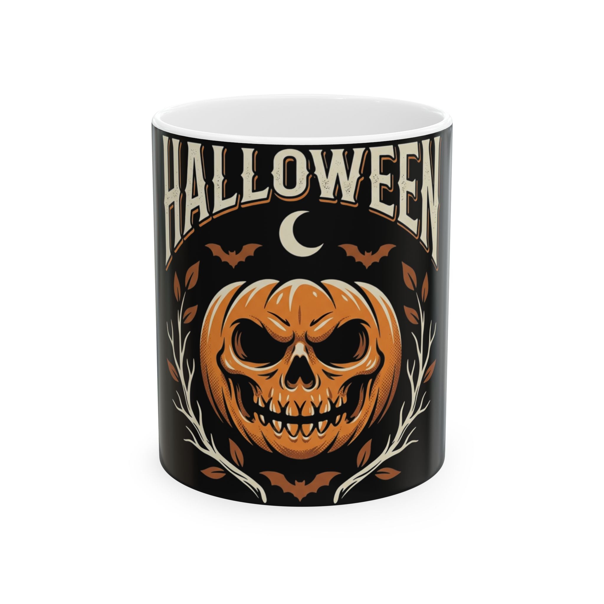 Halloween Pumpkin Skull Ceramic Mug – Spooky Bat & Moon Coffee Cup (11oz/15oz)