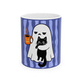 Ghost Hug Ceramic Mug — Cute Ghost Holding Black Cat & Coffee (11oz, 15oz)