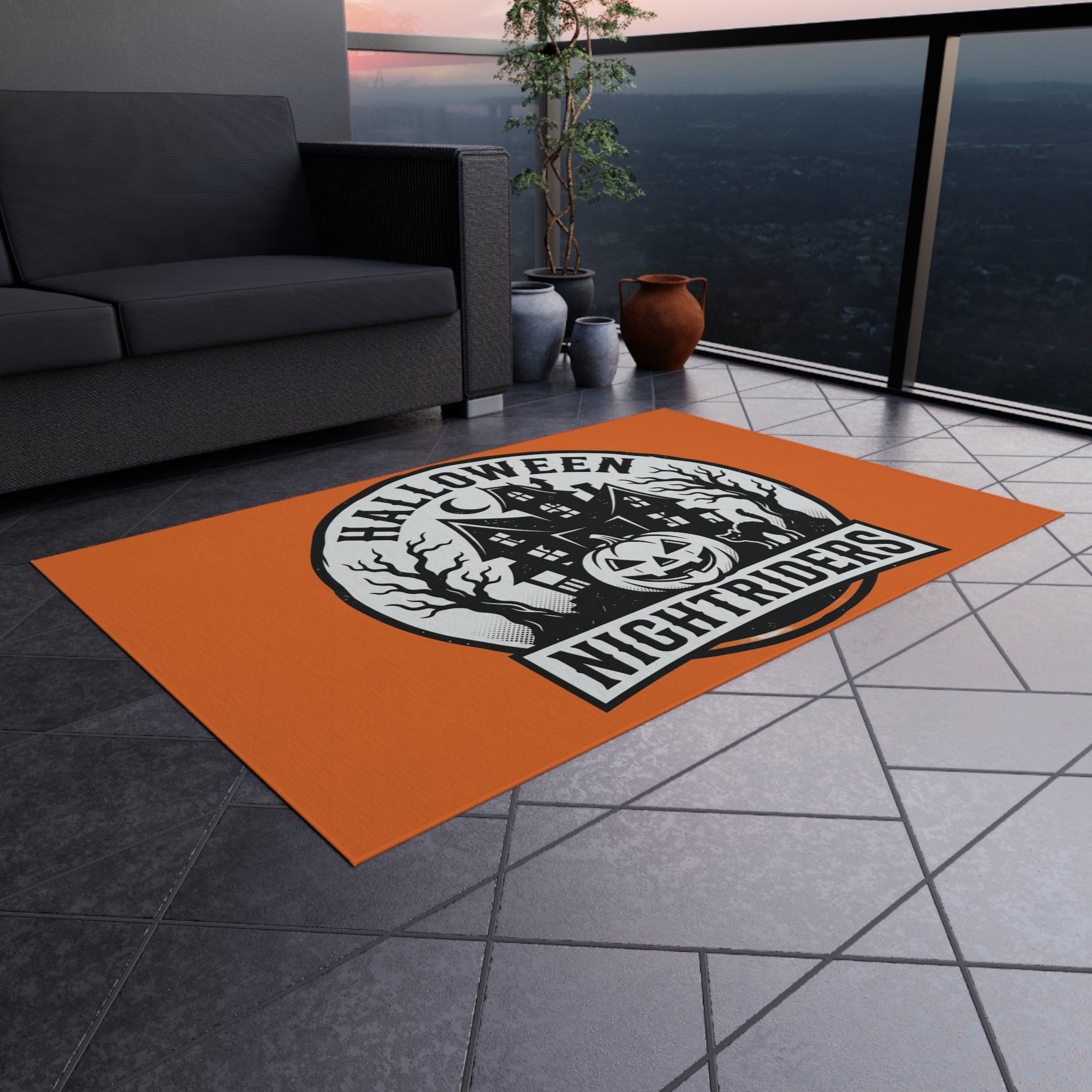 Outdoor Rug — Halloween Nightriders Porch Mat with Haunted House Pumpkin Design