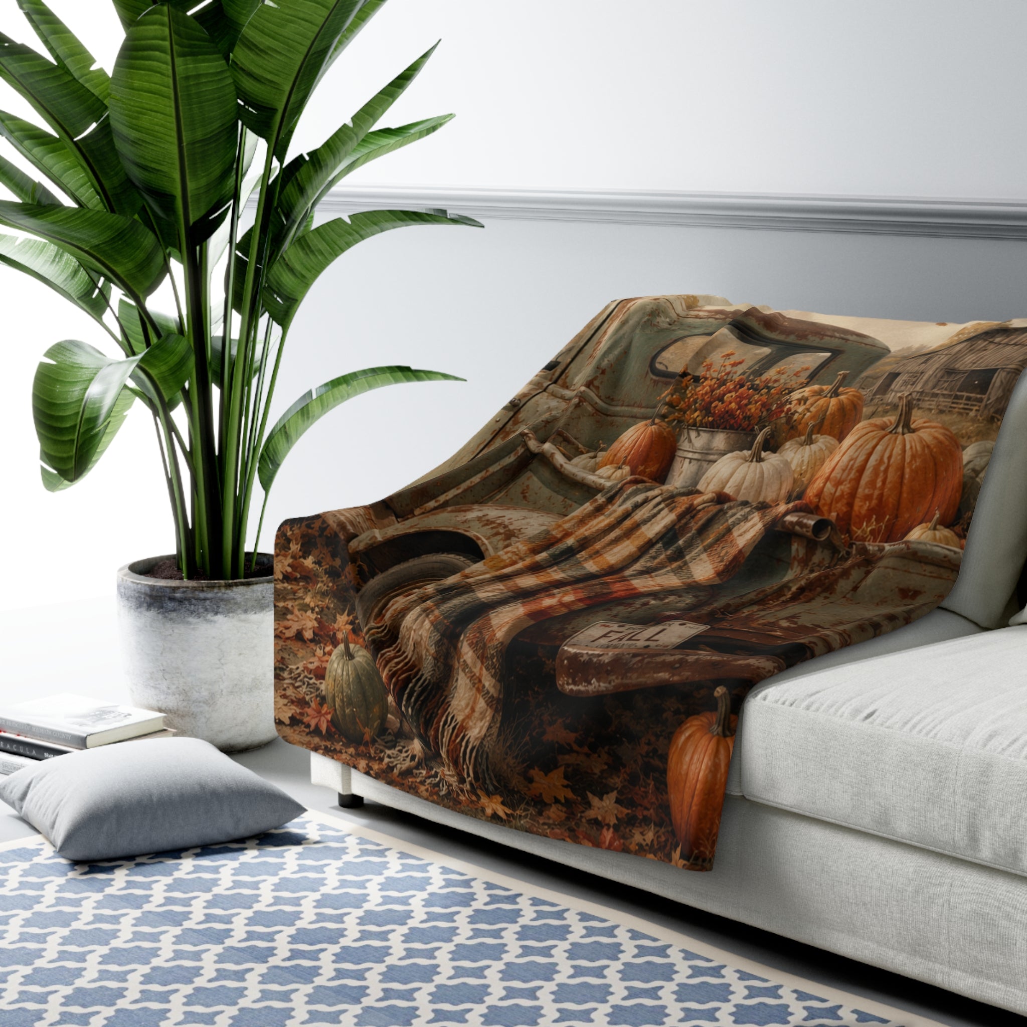 Grateful Thankful Blessed Fall Sherpa Blanket — Rustic Pumpkin Farm Truck Throw