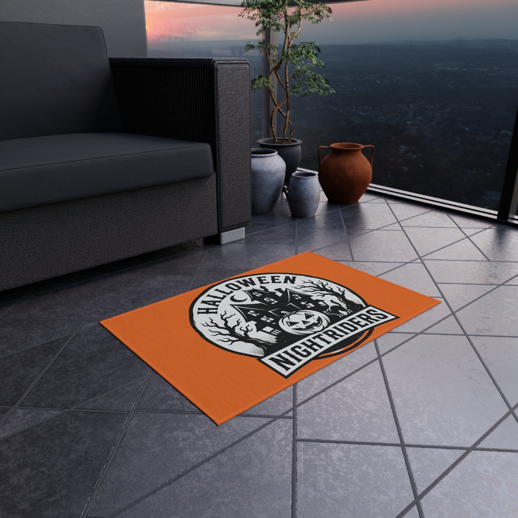 Outdoor Rug — Halloween Nightriders Porch Mat with Haunted House Pumpkin Design