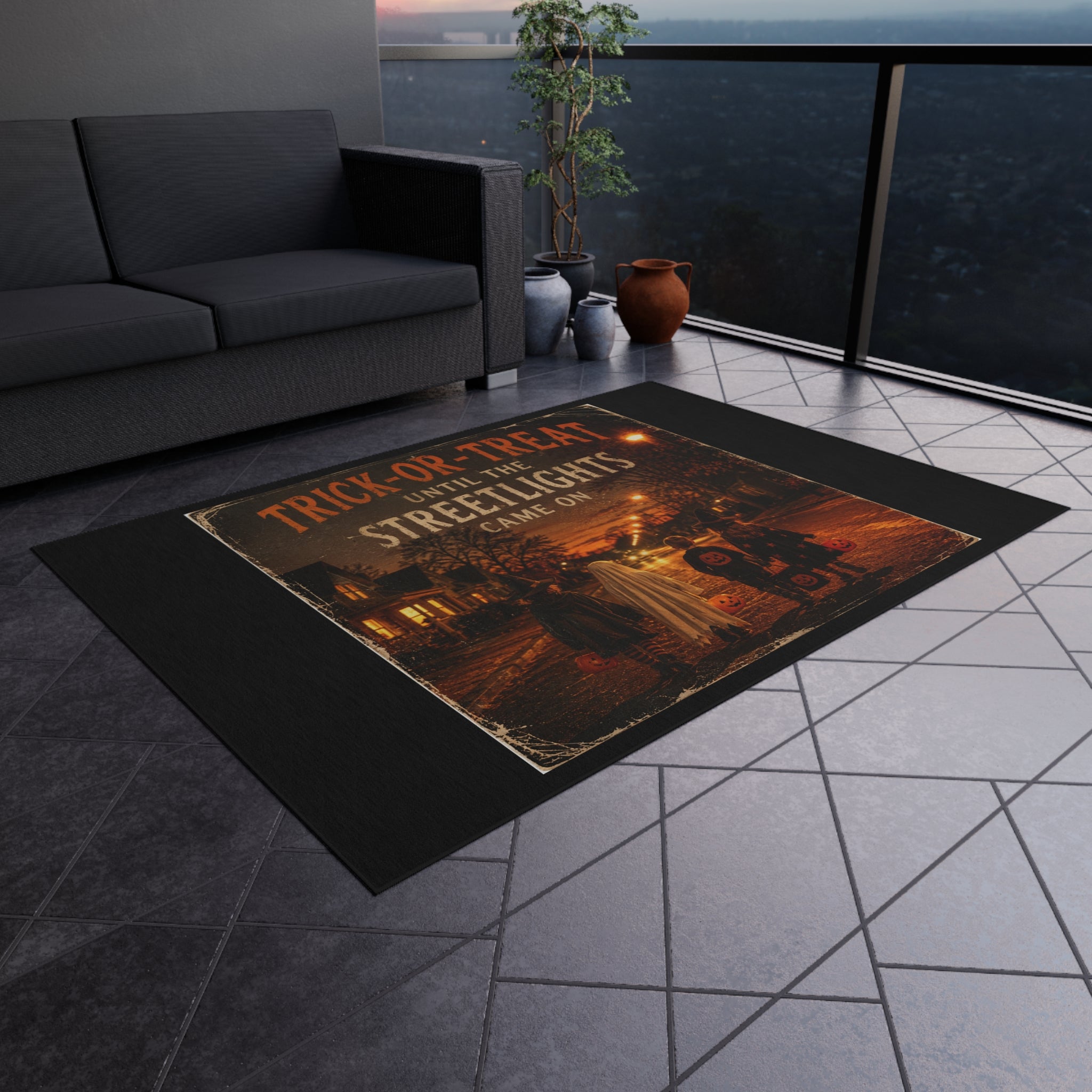 Outdoor Rug — "Trick-or-Treat Until the Streetlights Came On" Halloween Welcome Mat