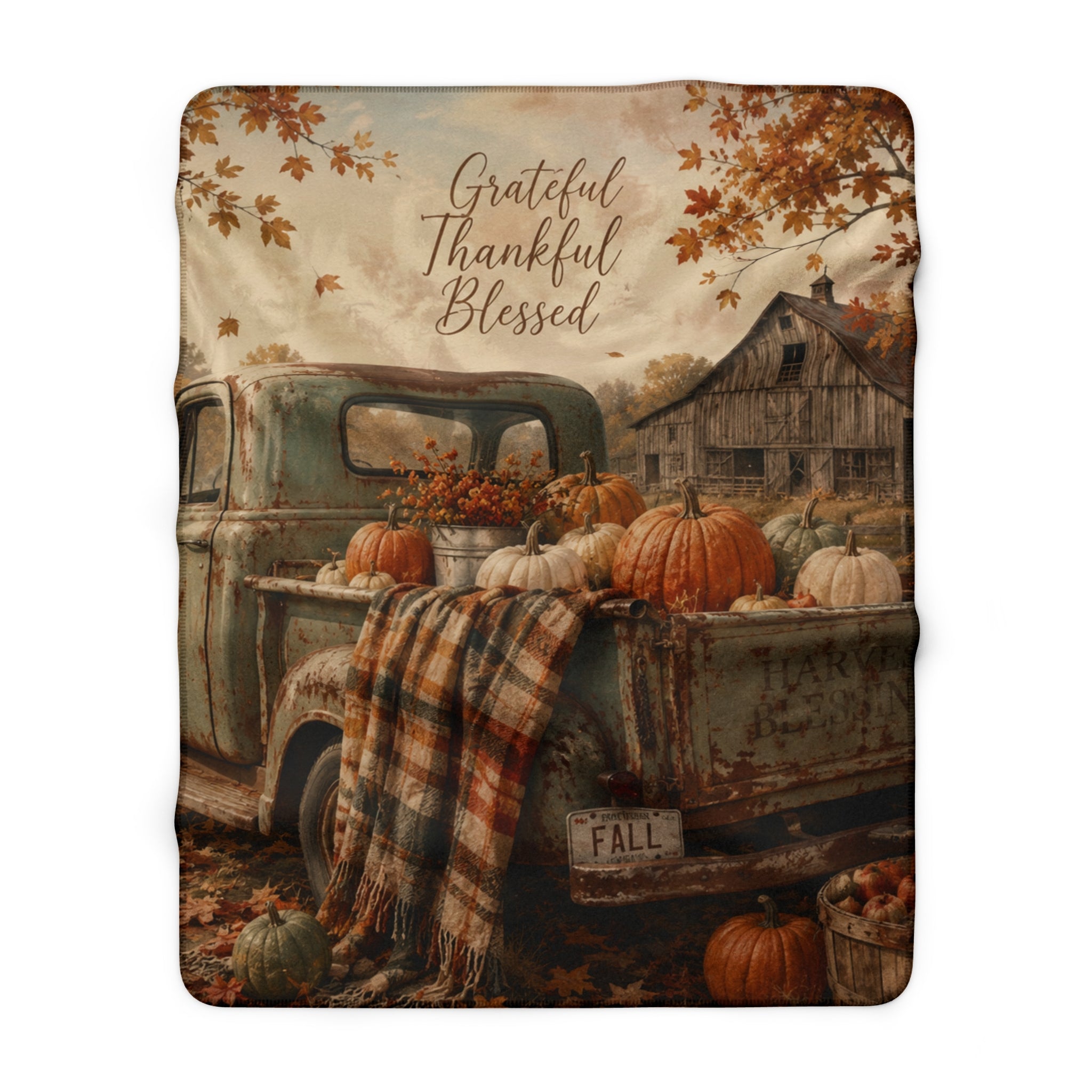 Grateful Thankful Blessed Fall Sherpa Blanket — Rustic Pumpkin Farm Truck Throw