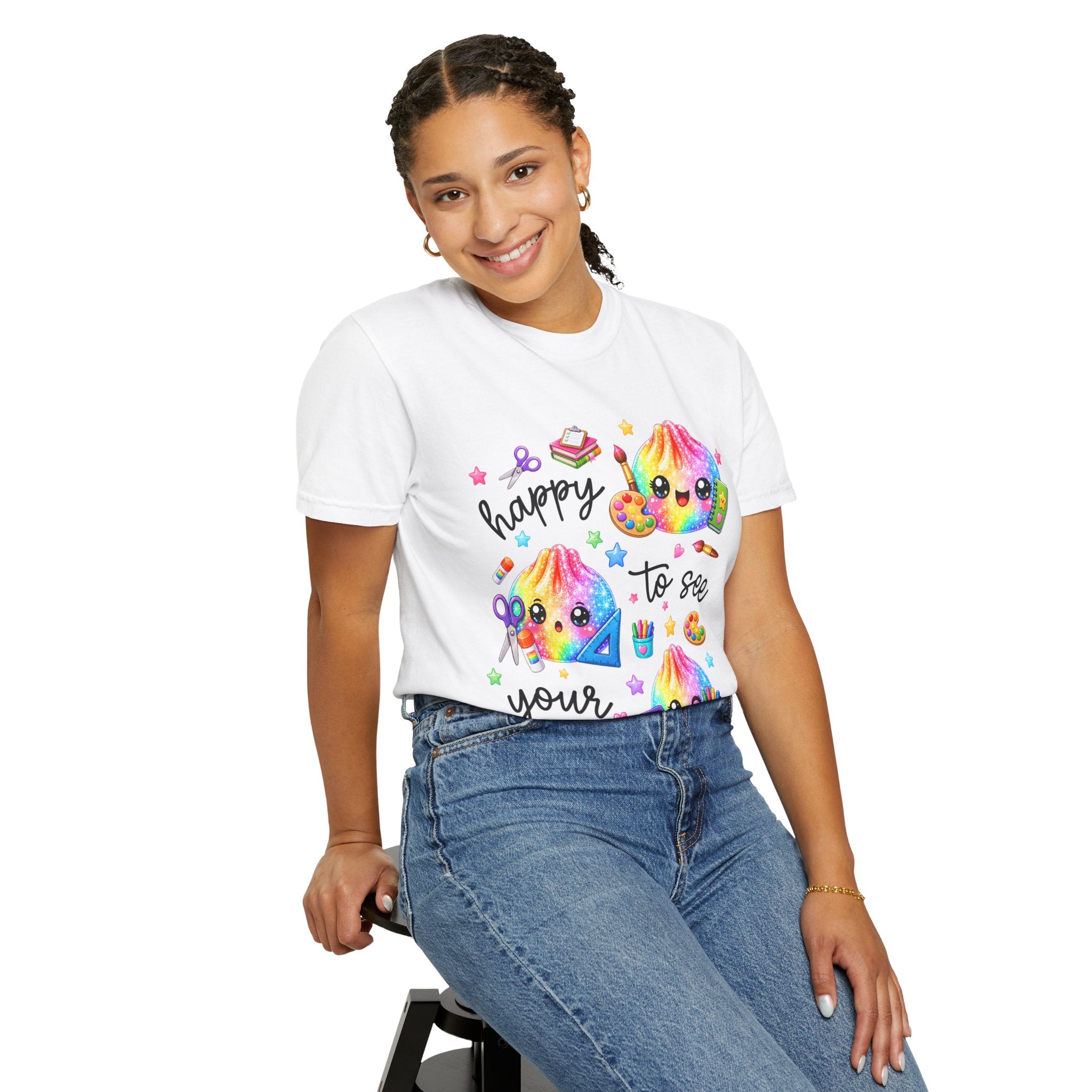 Happy To See Your Face Rainbow Kawaii T-Shirt — Cute School Supplies Graphic Tee
