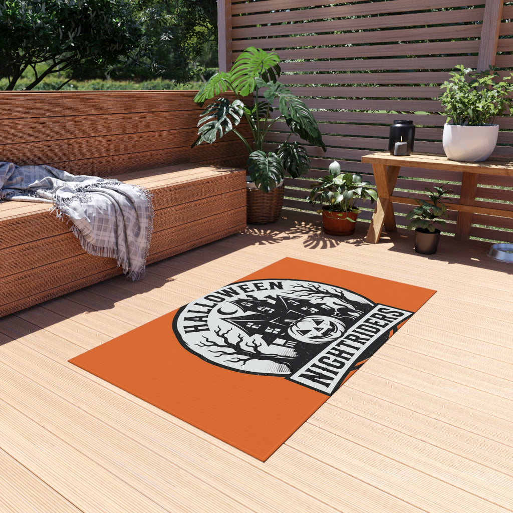 Outdoor Rug — Halloween Nightriders Porch Mat with Haunted House Pumpkin Design