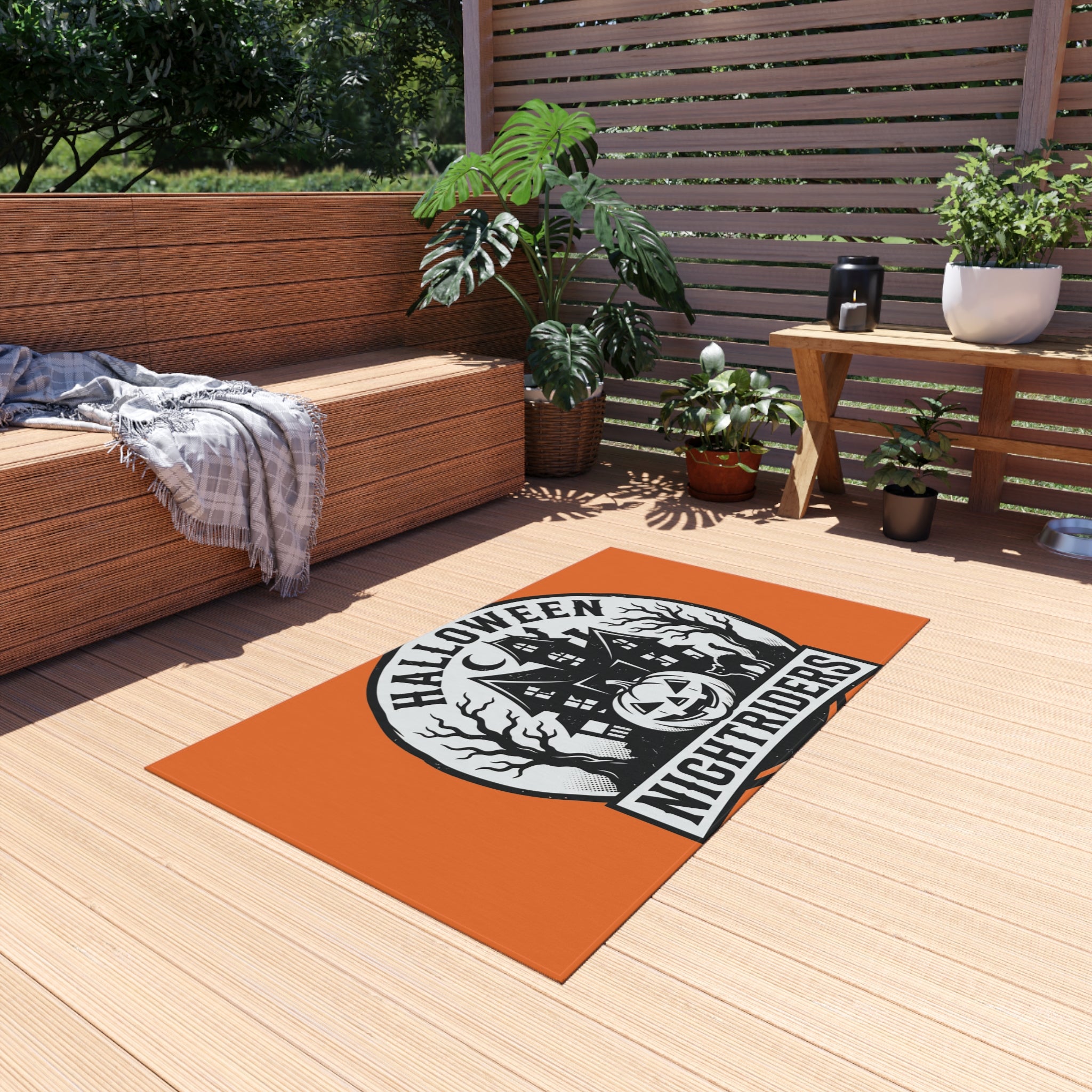 Outdoor Rug — Halloween Nightriders Porch Mat with Haunted House Pumpkin Design