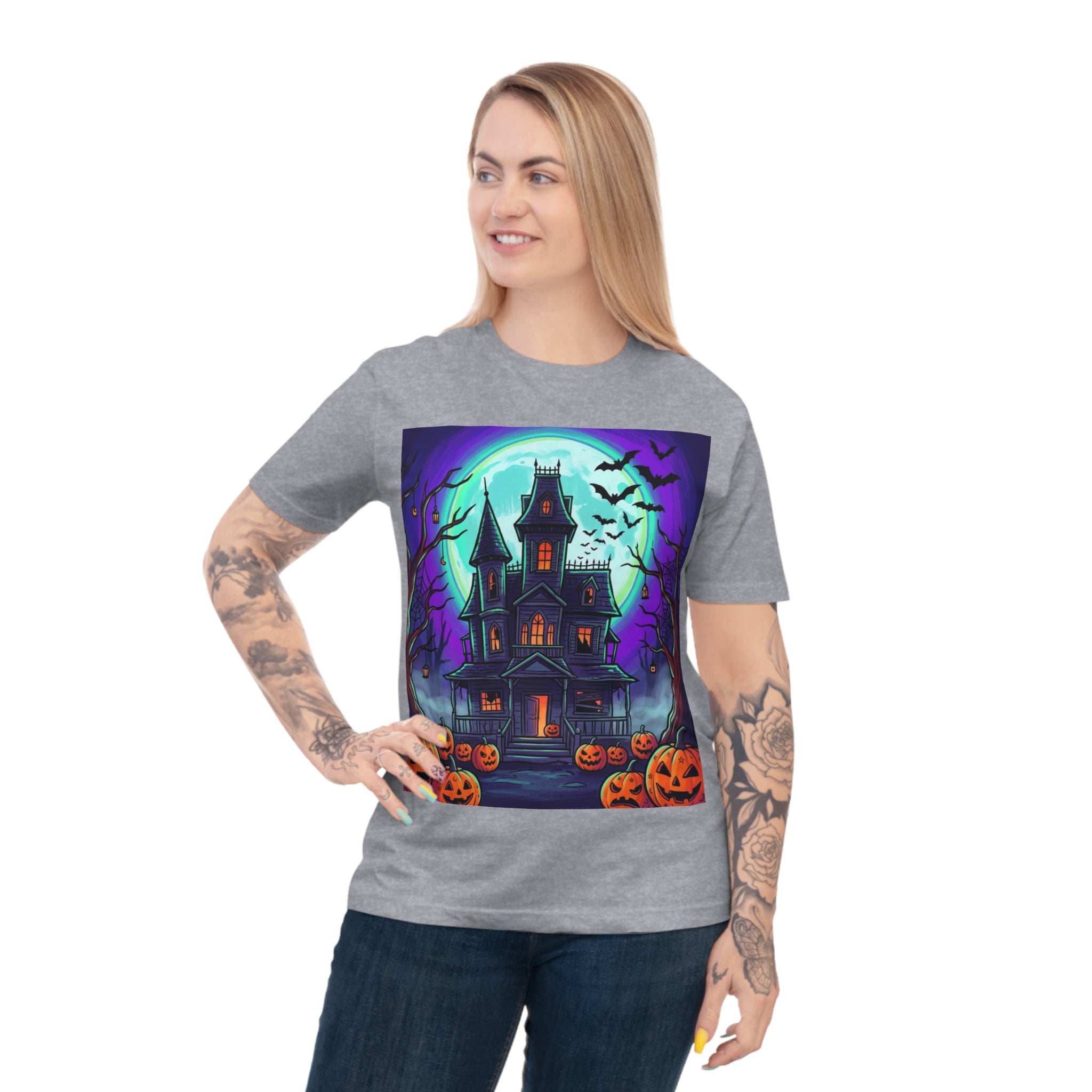 Haunted House Halloween T-Shirt — Spooky Pumpkin & Bats Tee