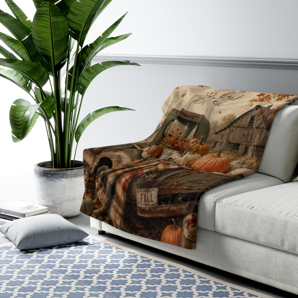 Grateful Thankful Blessed Fall Sherpa Blanket — Rustic Pumpkin Farm Truck Throw