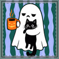 Halloween Ghost & Cat Throw Pillow – Cute Spooky Decor with Jack-O’-Lantern Mug