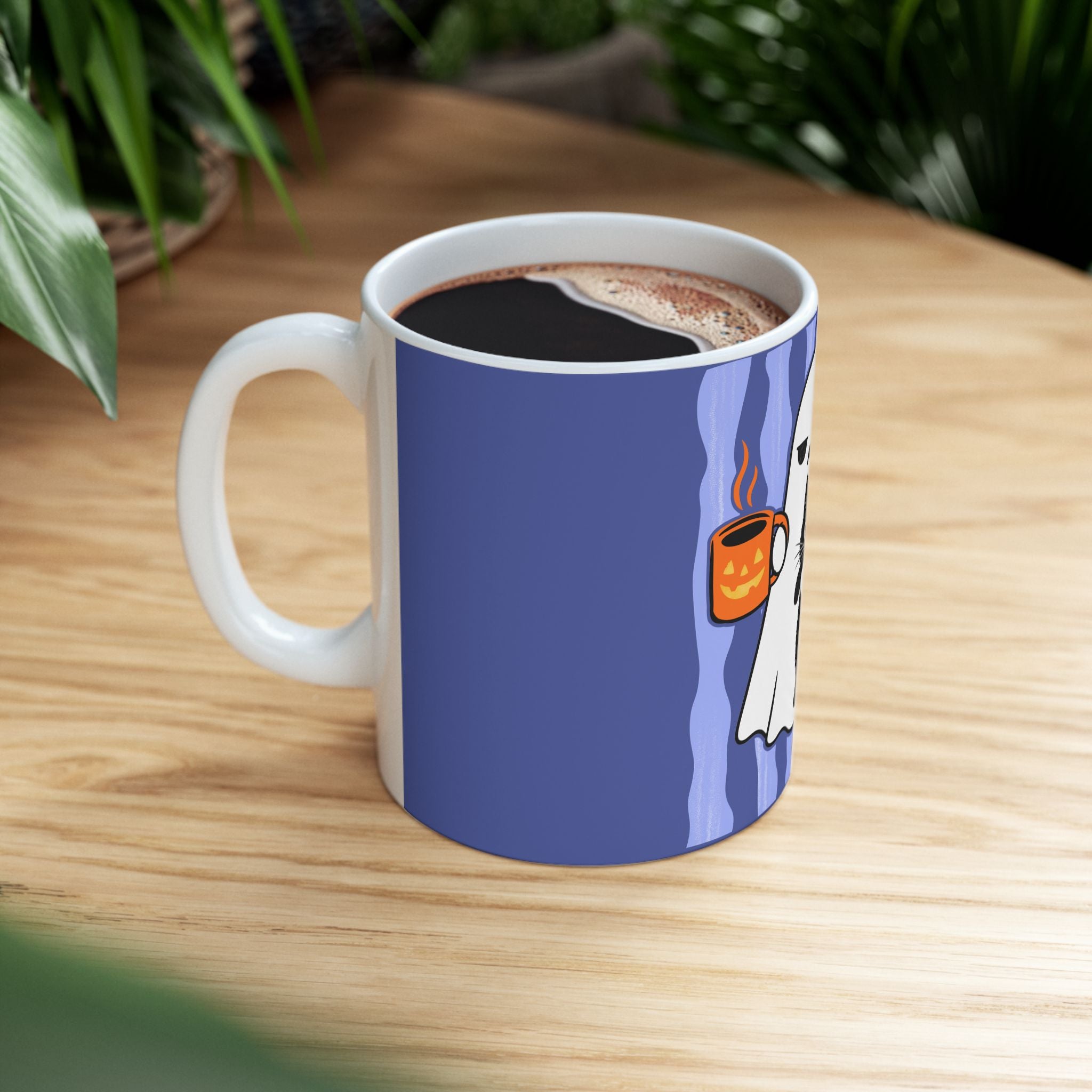 Ghost Hug Ceramic Mug — Cute Ghost Holding Black Cat & Coffee (11oz, 15oz)