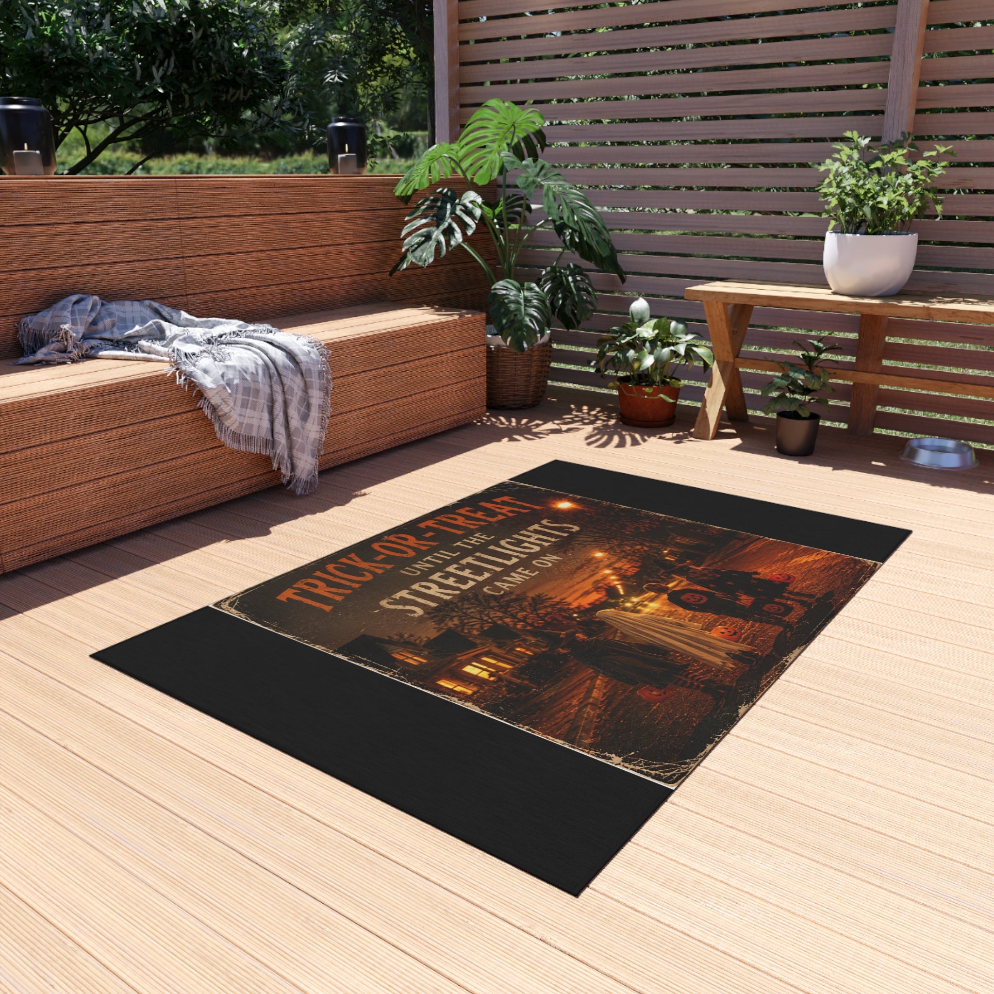 Outdoor Rug — "Trick-or-Treat Until the Streetlights Came On" Halloween Welcome Mat
