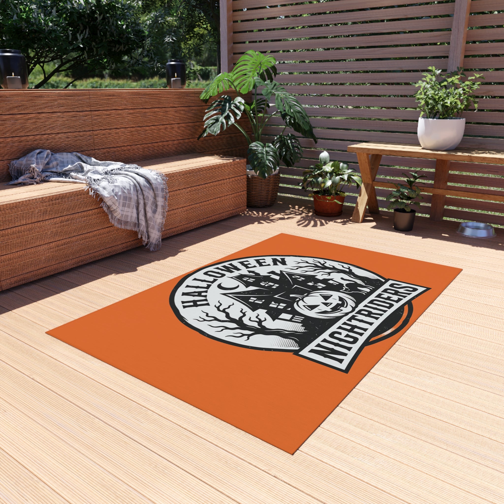 Outdoor Rug — Halloween Nightriders Porch Mat with Haunted House Pumpkin Design