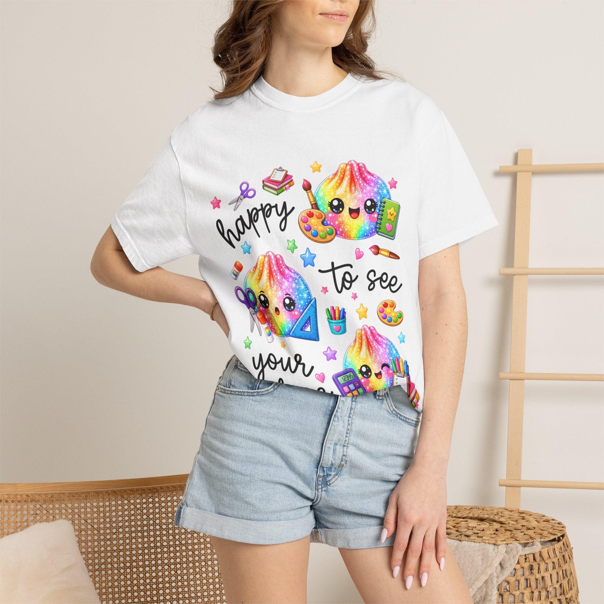 Happy To See Your Face Rainbow Kawaii T-Shirt — Cute School Supplies Graphic Tee