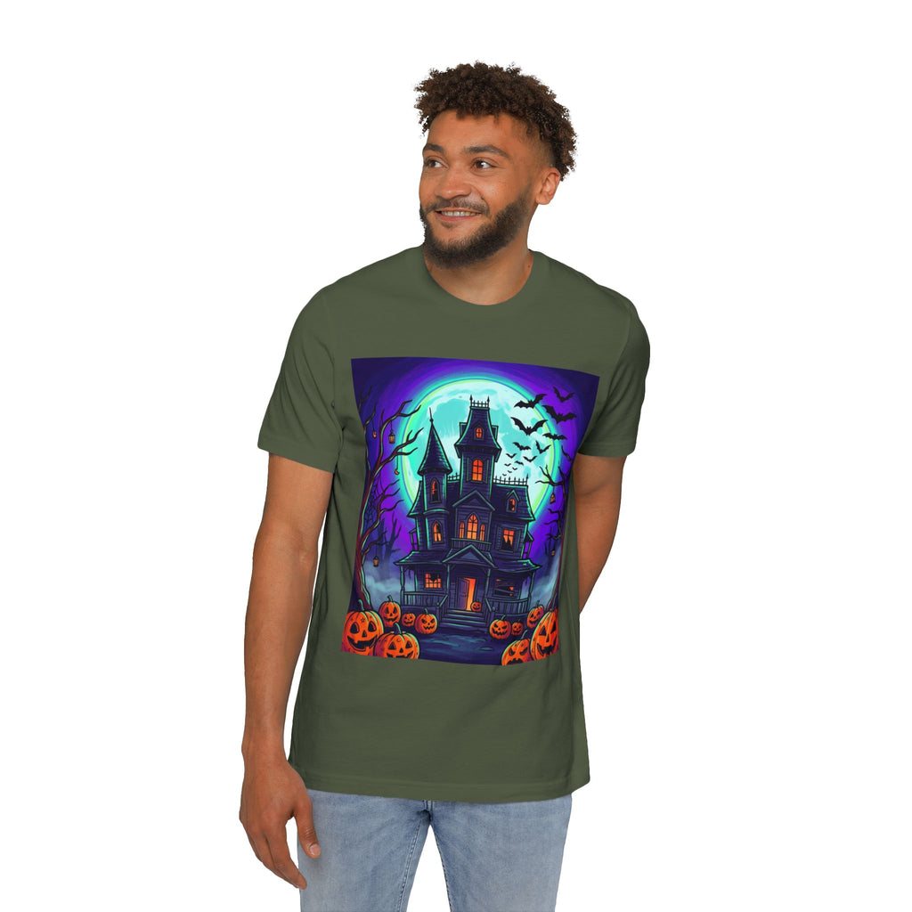 Haunted House Halloween T-Shirt — Spooky Pumpkins & Bats Graphic