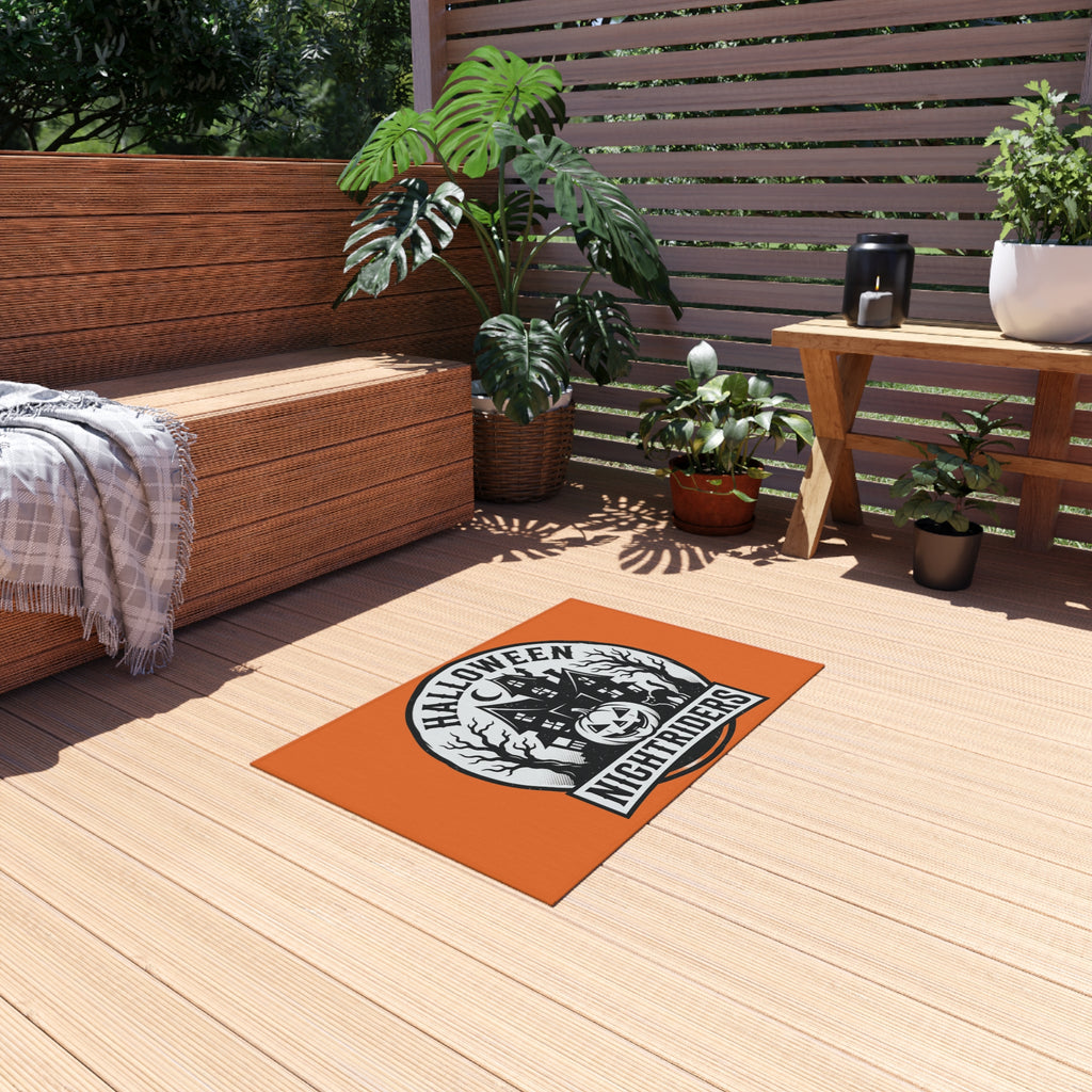 Outdoor Rug — Halloween Nightriders Porch Mat with Haunted House Pumpkin Design