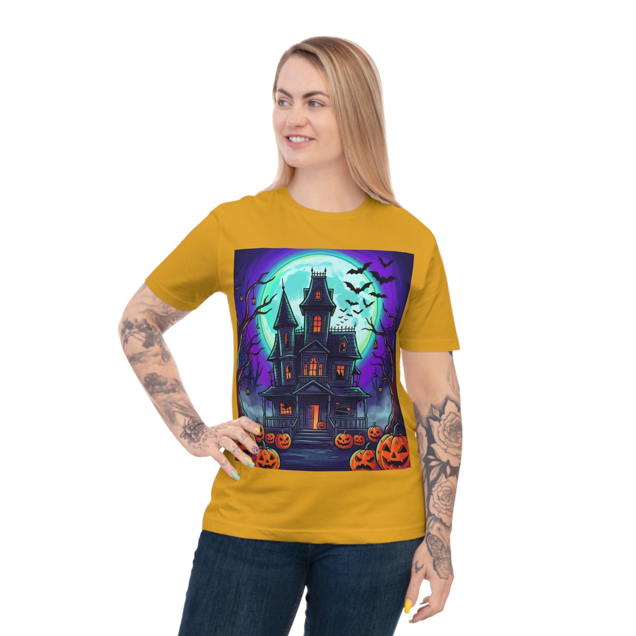 Haunted House Halloween T-Shirt — Spooky Pumpkin & Bats Tee