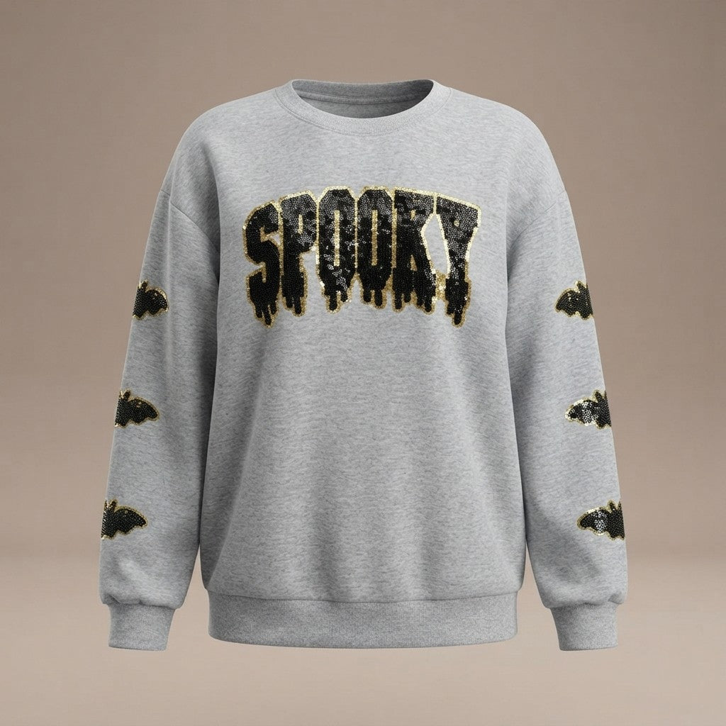 Sequin SPOOKY Halloween Bat Embellished Sleeve Pullover Sweatshirt