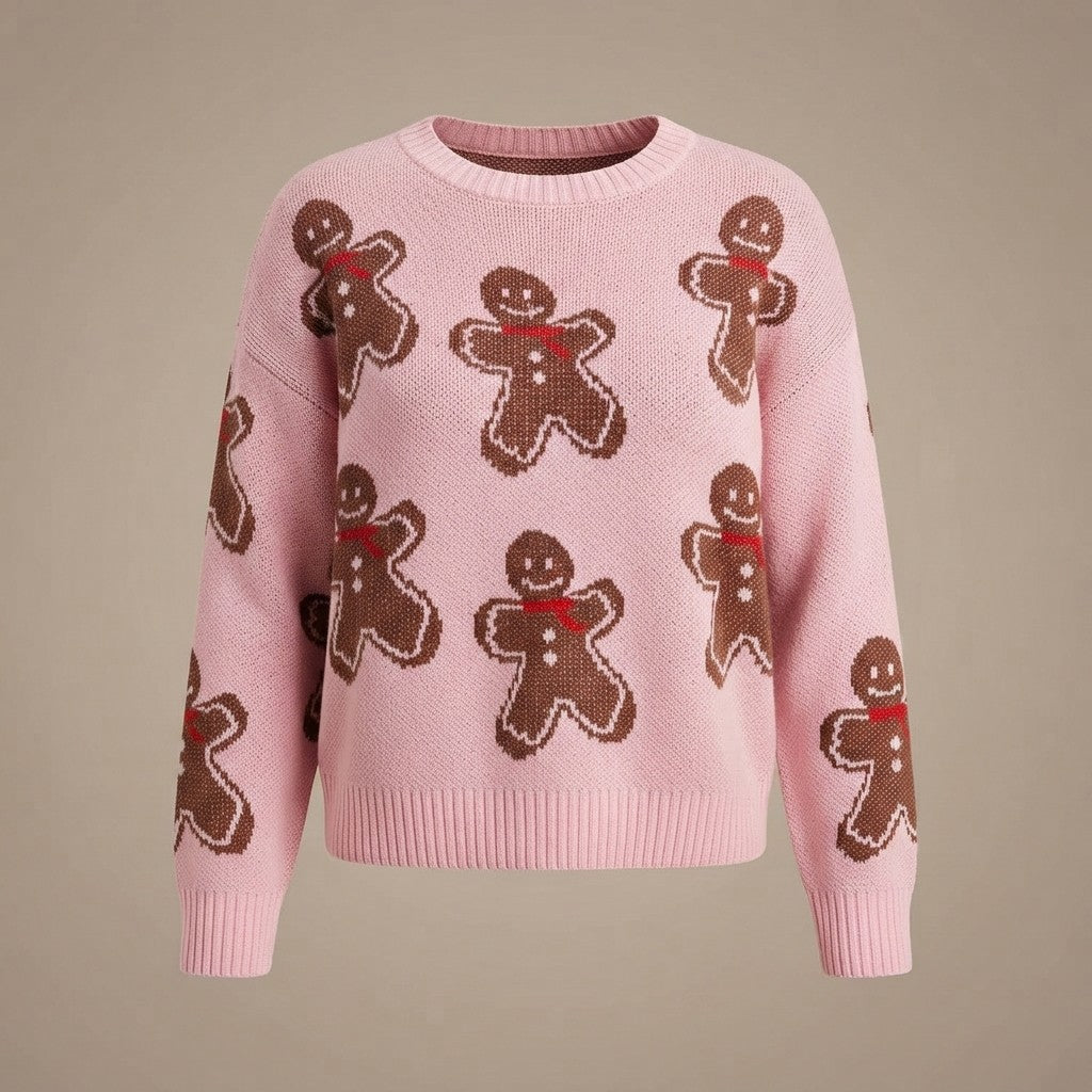 Gingerbread Pattern Round Neck Long Sleeve Shift Sweater