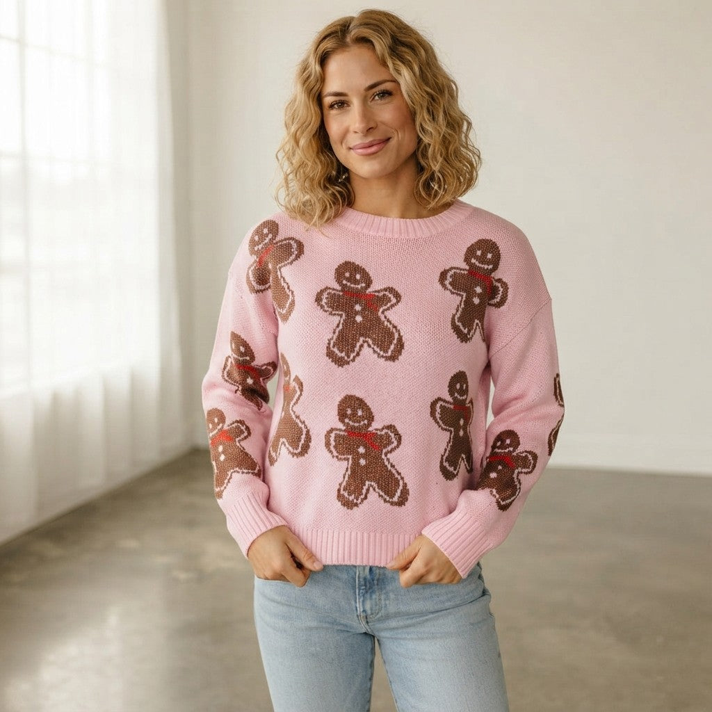 Gingerbread Pattern Round Neck Long Sleeve Shift Sweater