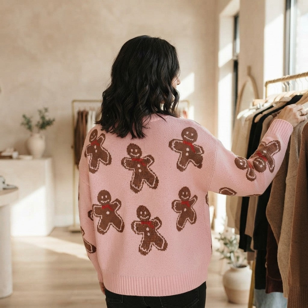 Gingerbread Pattern Round Neck Long Sleeve Shift Sweater